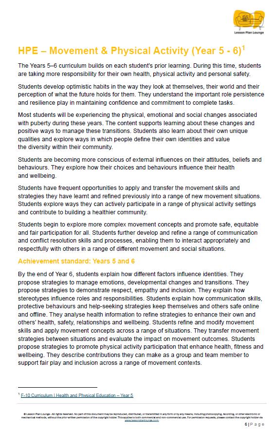 HPE (Health and Physical Education) curriculum document for Years 5-6 on a white background