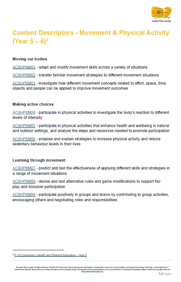 Sheet of paper with text on movement and physical activity descriptors for Year 5-6 students.