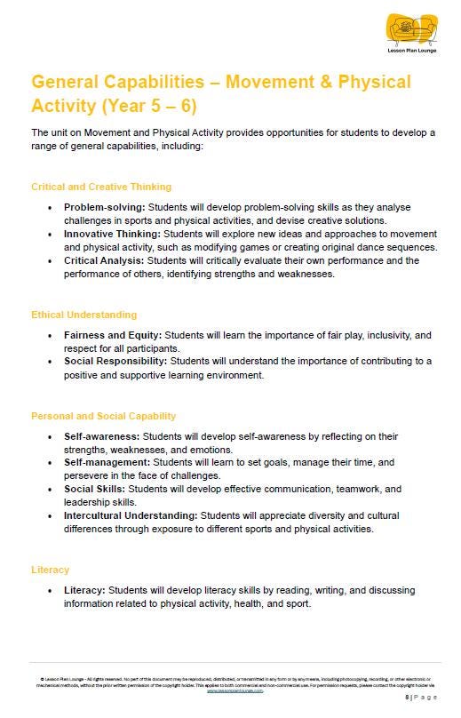 Educational document on General Capabilities for Movement & Physical Activity in Year 5-6
