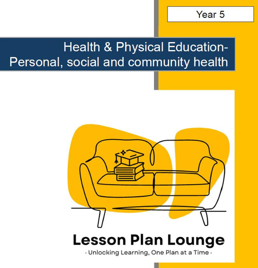 Cover of a book titled 'Health & Physical Education: Personal, social and community health' by Lesson Plan Lounge with a yellow couch illustration.