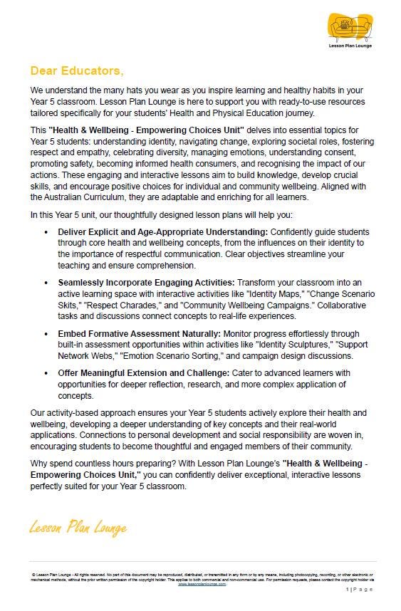 Educational document on Health and Wellbeing for Year 5 students, featuring Lesson Plan Louie's branding.