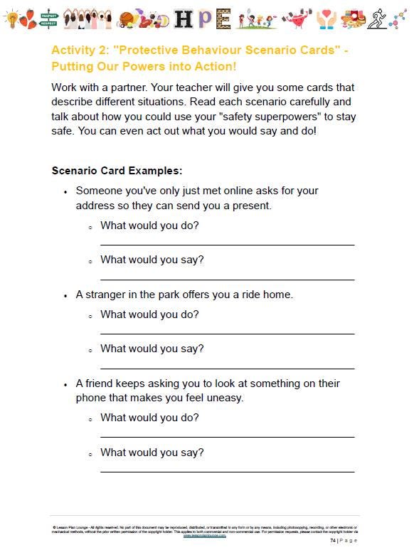 Worksheet titled 'Protective Behaviour Scenario Cards' with safety questions for students to answer.