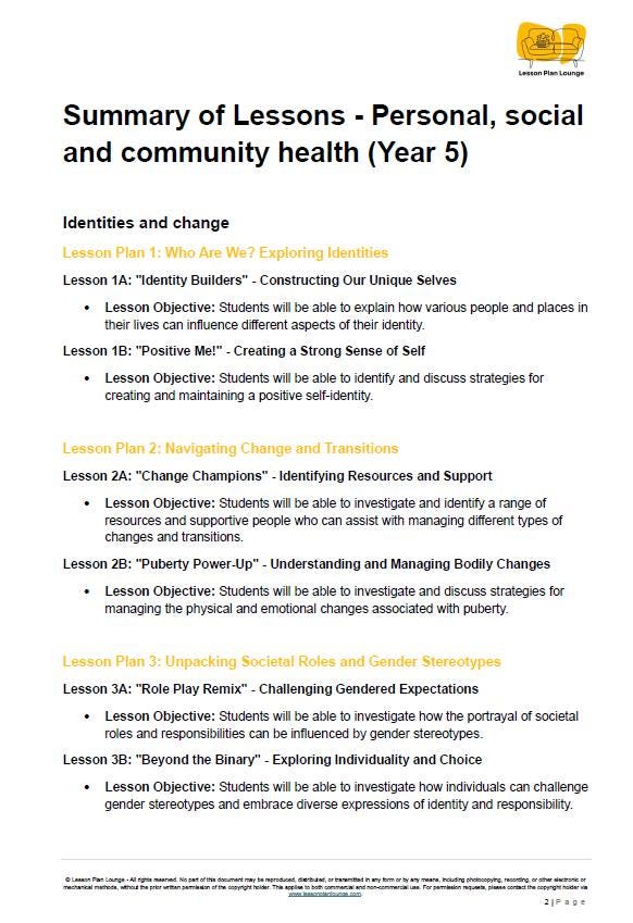 Summary of lessons on personal, social, and community health for Year 5 students, with a focus on identities and change.