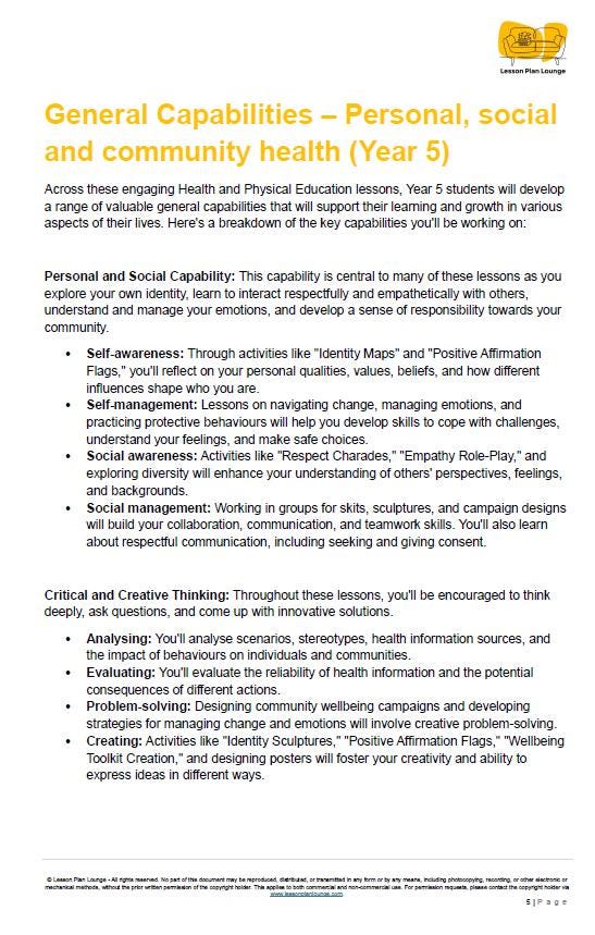 Sheet of paper with text on General Capabilities for Year 5 Health and Physical Education curriculum.