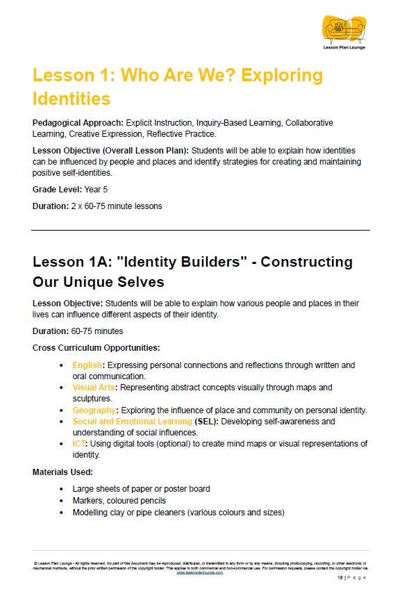 Educational lesson plan on exploring identities for Grade 5 students, with a focus on 'Identity Builders' and constructing unique selves.