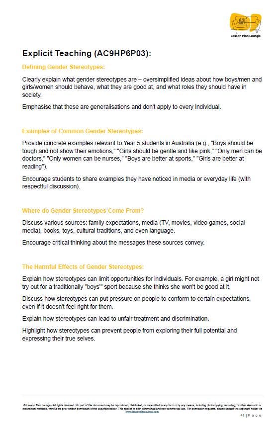 Educational document on explicit teaching of gender stereotypes with a logo at the top.