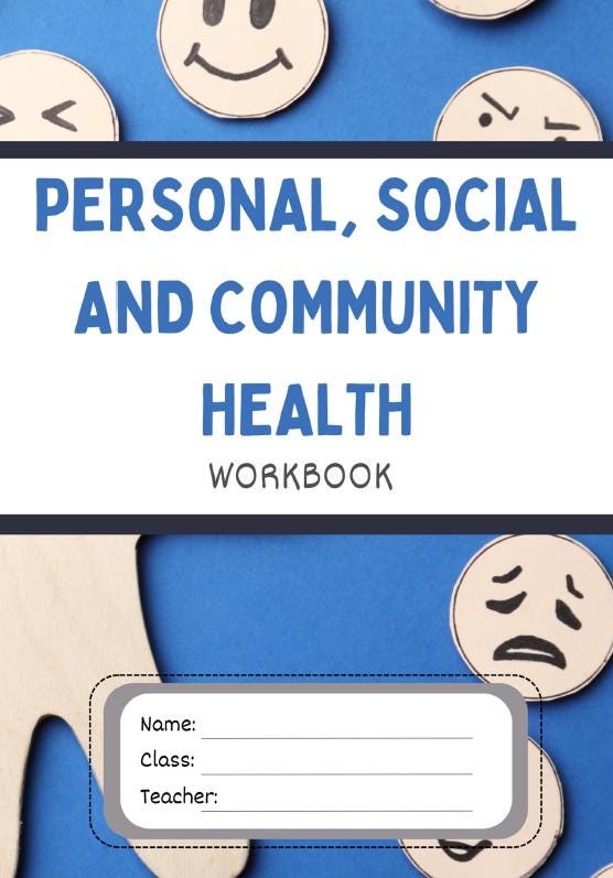 Workbook cover for 'Personal, Social and Community Health' with emoticon designs on a blue background