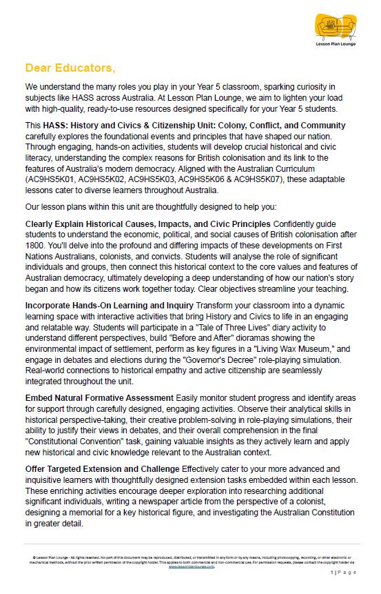 Educational letter to educators about a History and Civics/Citizenship unit for Year 5 students.