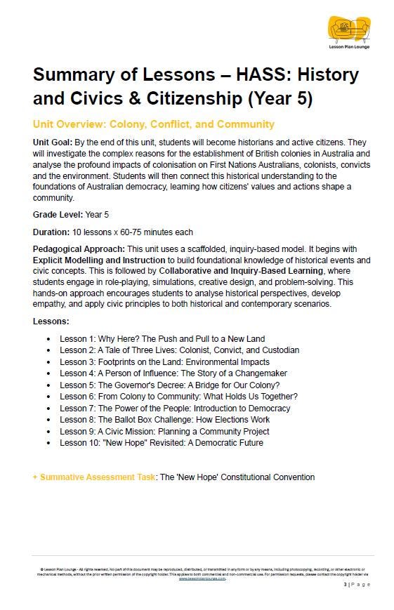 Summary of lessons for HASS: History and Civics & Citizenship Year 5 on a white background