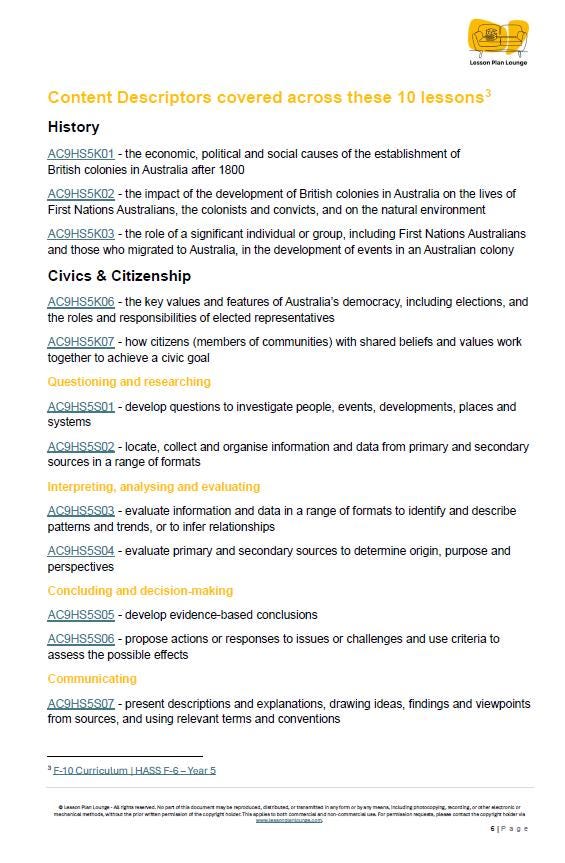 Sheet of content descriptors for history, civics, and citizenship lessons covering economic, political, and social causes of British colonisation in Australia.