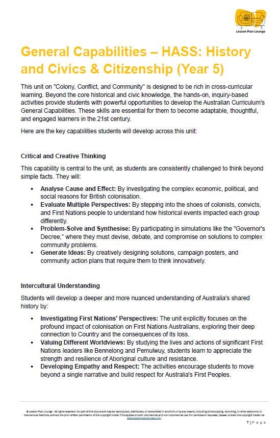Sheet of paper with text on General Capabilities, HASS, History and Civics & Citizenship for Year 5