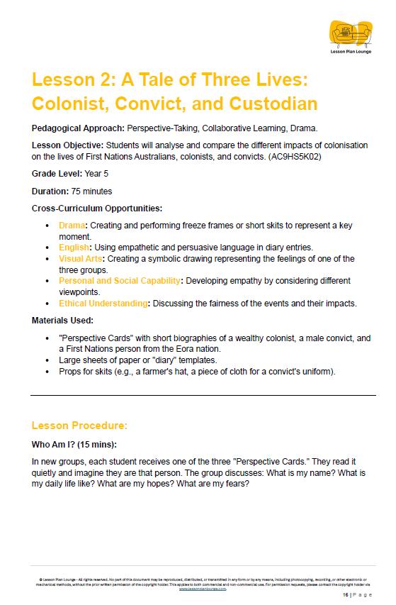 Educational lesson plan on colonist, convict, and custodian perspectives for Year 5 students.