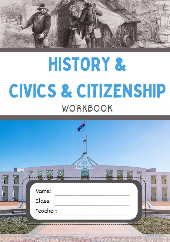 Workbook cover for History, Civics, and Citizenship with a building and flag illustration.