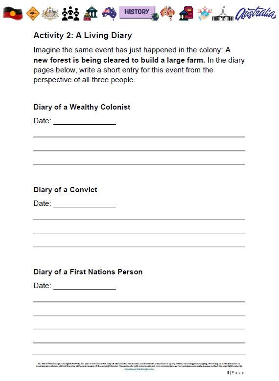 Worksheet titled 'A Living Diary' with three columns for different perspectives on a colonial event.