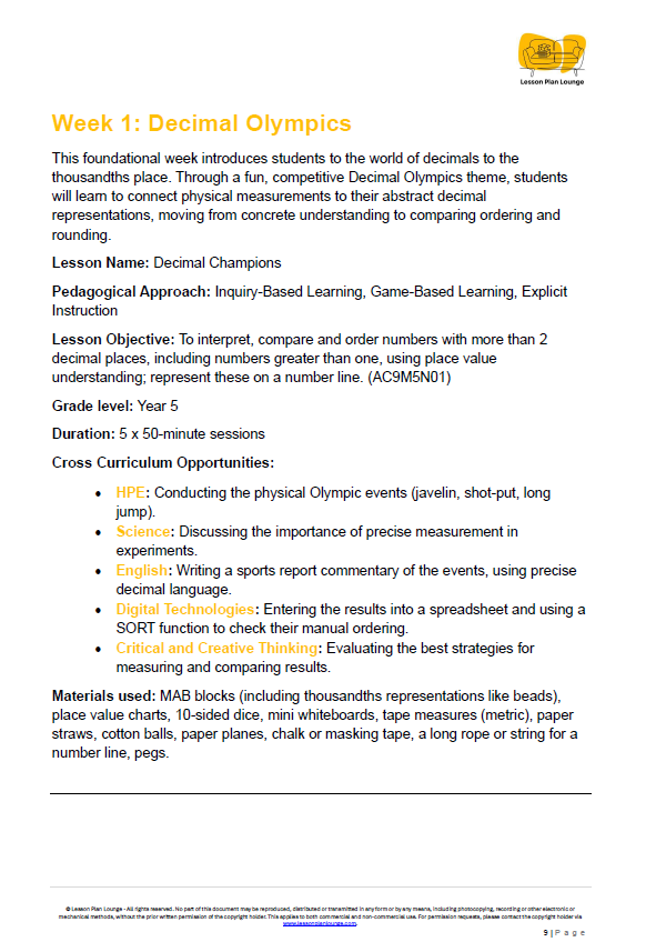 Educational worksheet for Decimal Olympics week introducing decimals to the thousandths place.