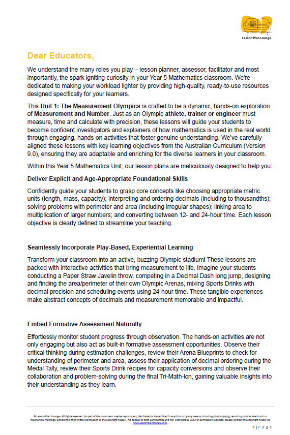 Educational document about a Mathematics unit on Measurement and Number, featuring a logo at the top.