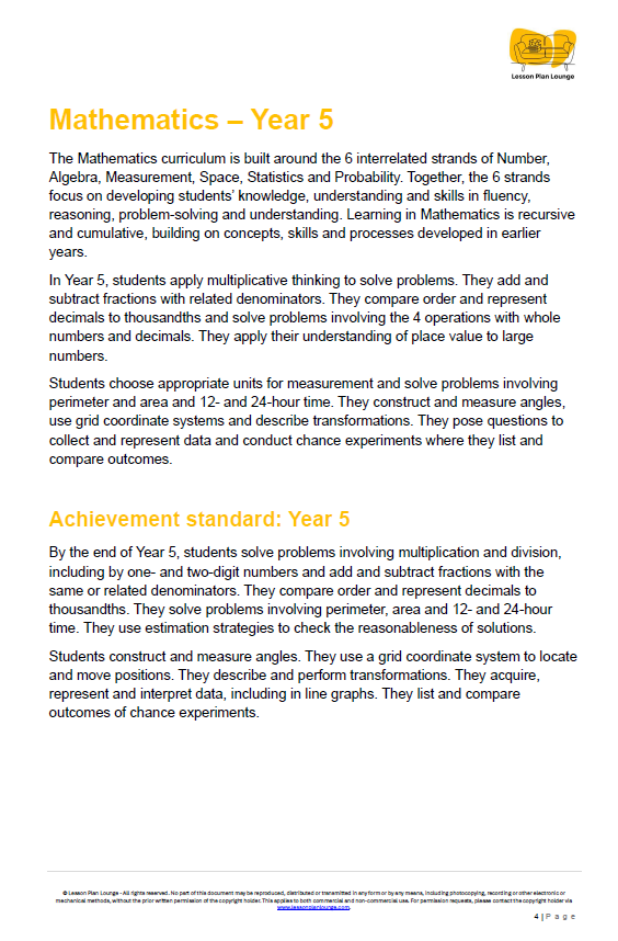 Mathematics curriculum document for Year 5 students, focusing on Number, Algebra, Measurement, Space, Statistics, and Probability.