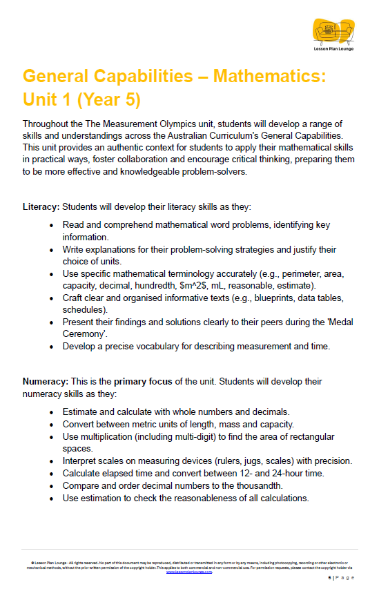 Educational document detailing General Capabilities in Mathematics for Year 5 students, featuring the Australian Curriculum logo.