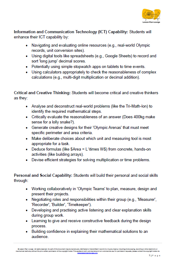 Sheet of paper with text on Information and Communication Technology (ICT) capability, critical and creative thinking, and personal and social skills.