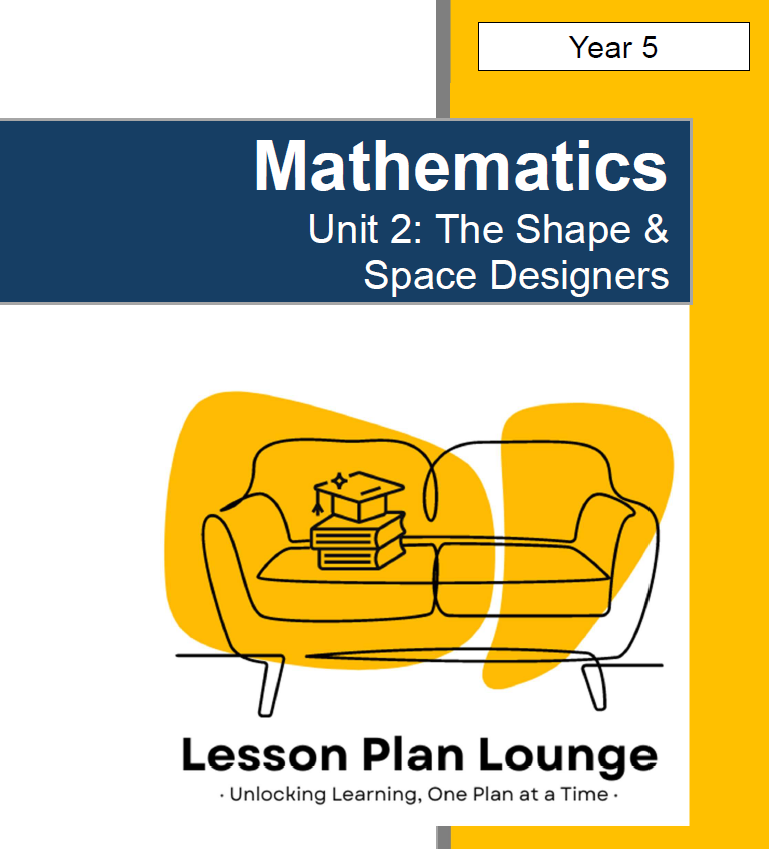 Book cover of 'Mathematics Unit 2: The Shape & Space Designers' by Lesson Plan Lounge with a yellow couch and books illustration.