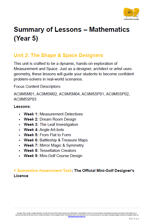 Summary of lessons for Mathematics Year 5 unit on Shape & Space Designers with lesson topics listed.