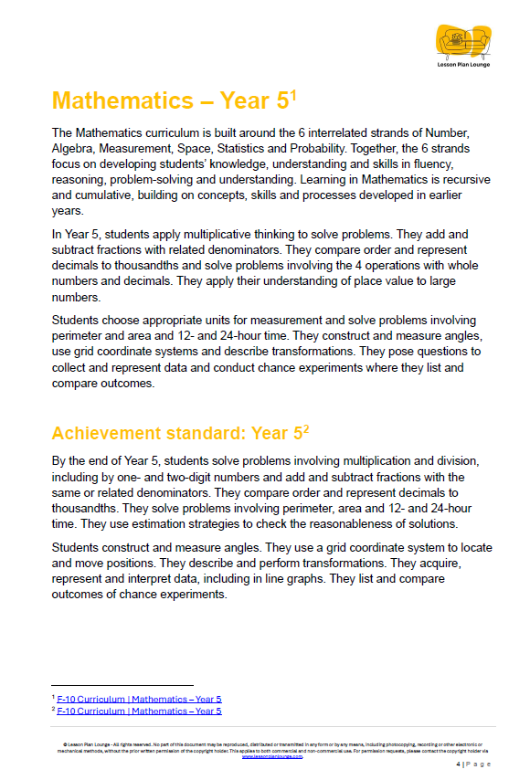 Mathematics curriculum document for Year 5 students, focusing on number, algebra, measurement, space, statistics, and probability.