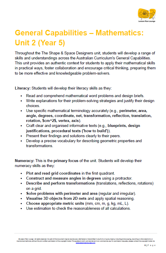Educational document detailing General Capabilities in Mathematics for Year 5 students, featuring text and a logo at the top.
