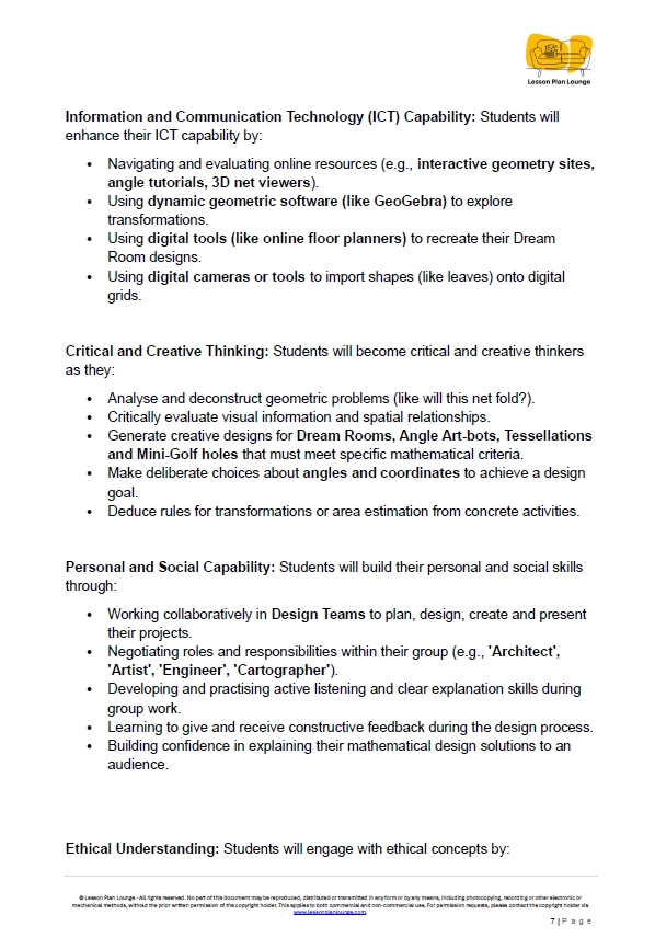 Educational document outlining ICT capability, critical thinking, personal social skills, and ethical understanding for students.