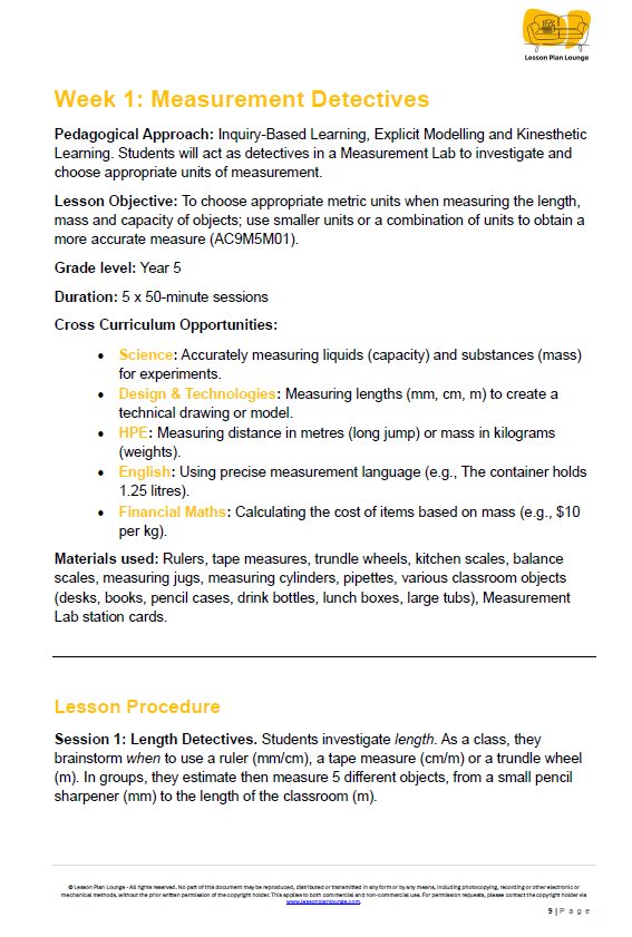 Educational lesson plan for measurement unit conversion with a focus on length, mass, and capacity.