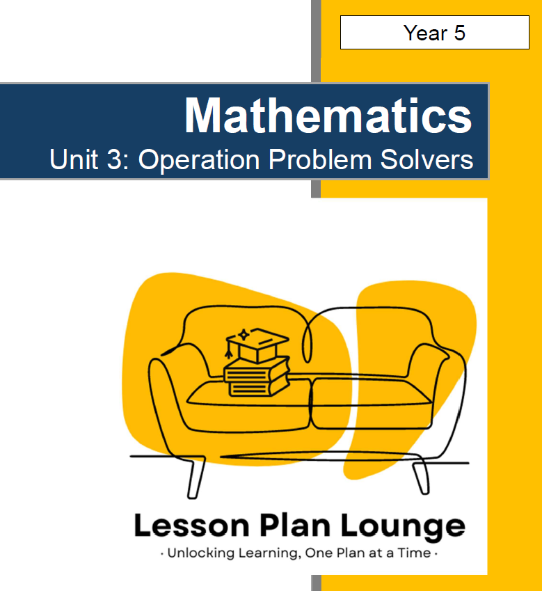 Book cover of 'Mathematics Unit 3: Operation Problem Solvers' by Lesson Plan Lounge with a yellow couch illustration.