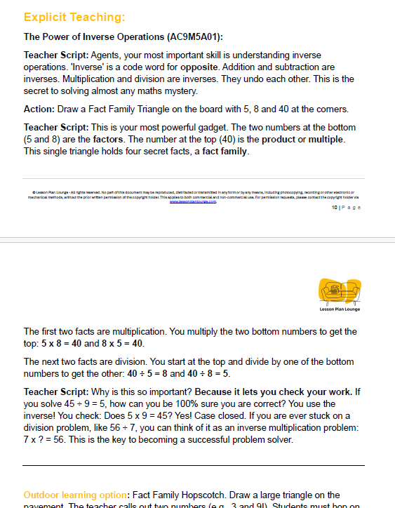 Educational document on inverse operations with a fact family triangle example.