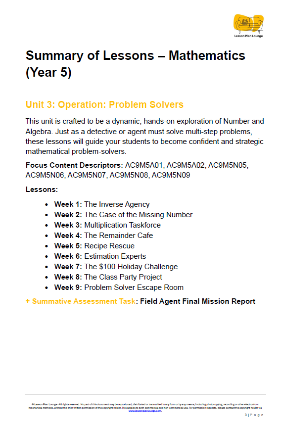 Summary of lessons for Mathematics Year 5 Unit 3: Operation Problem Solvers on a white background.
