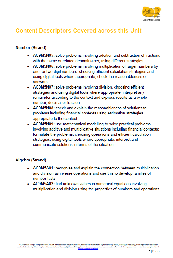 Sheet of paper with text on content descriptors for a mathematics unit, featuring a logo at the top right corner.