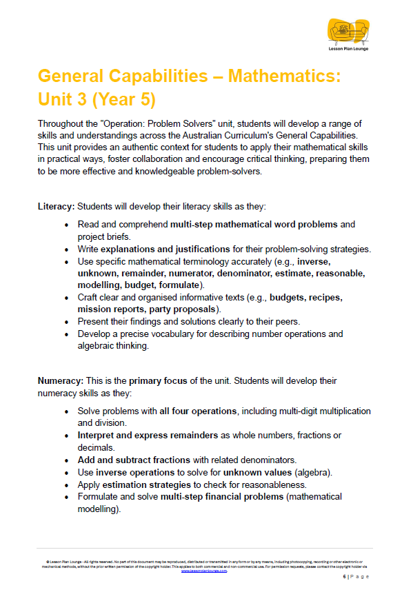 Educational document detailing General Capabilities Mathematics Unit 3 for Year 5 students.