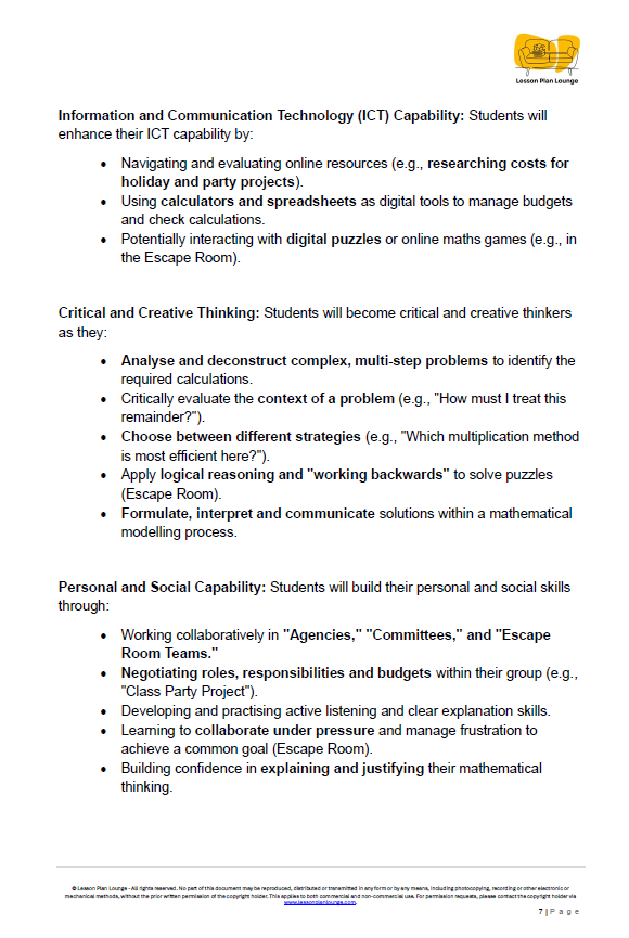Sheet of paper with text on Information and Communication Technology (ICT) capability, critical thinking, and personal social capabilities.