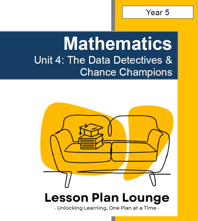 Mathematics lesson plan book cover for Year 5 unit on data and chance with a yellow couch illustration.