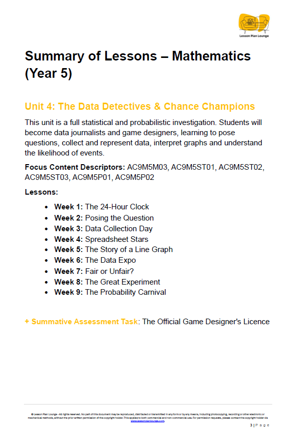Summary of lessons for Year 5 Mathematics unit on data detectives and chance champions.