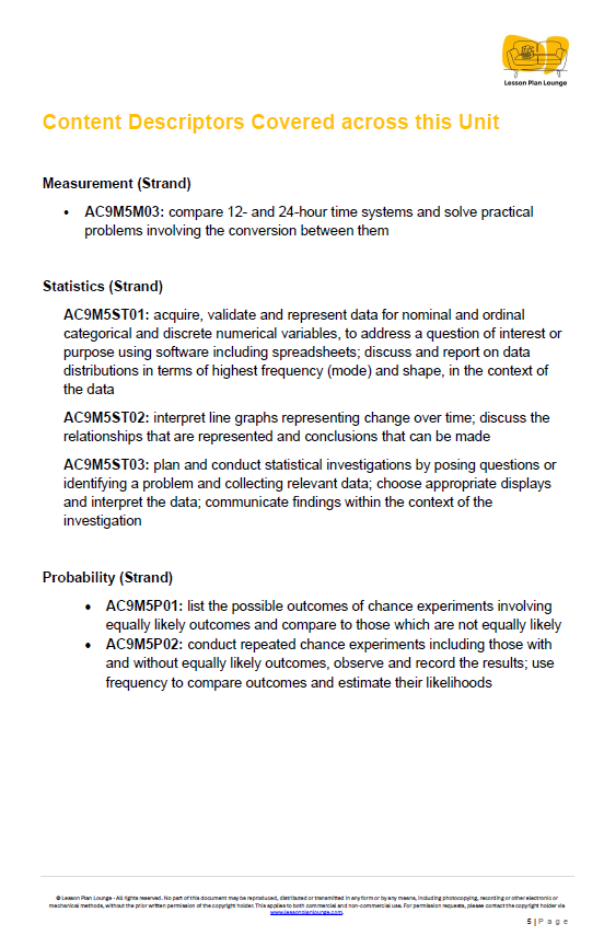 Educational document covering content descriptors for measurement, statistics, and probability across a unit.