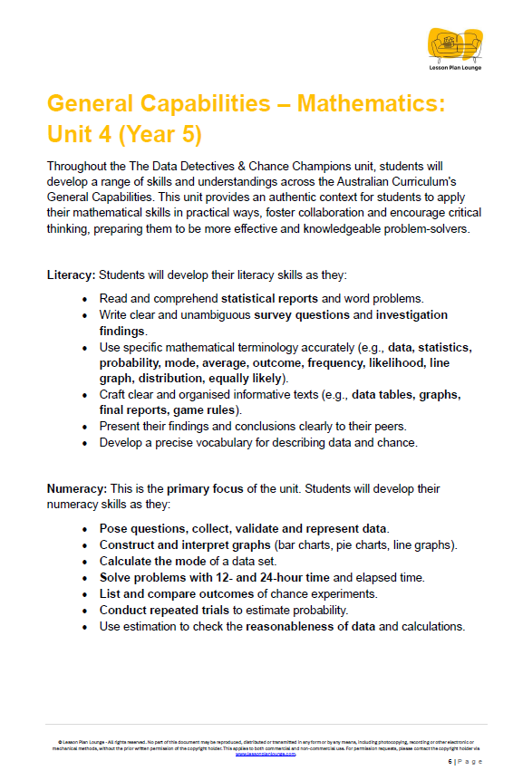 Educational document detailing General Capabilities in Mathematics for Year 5 students, with a visible logo at the top right corner.