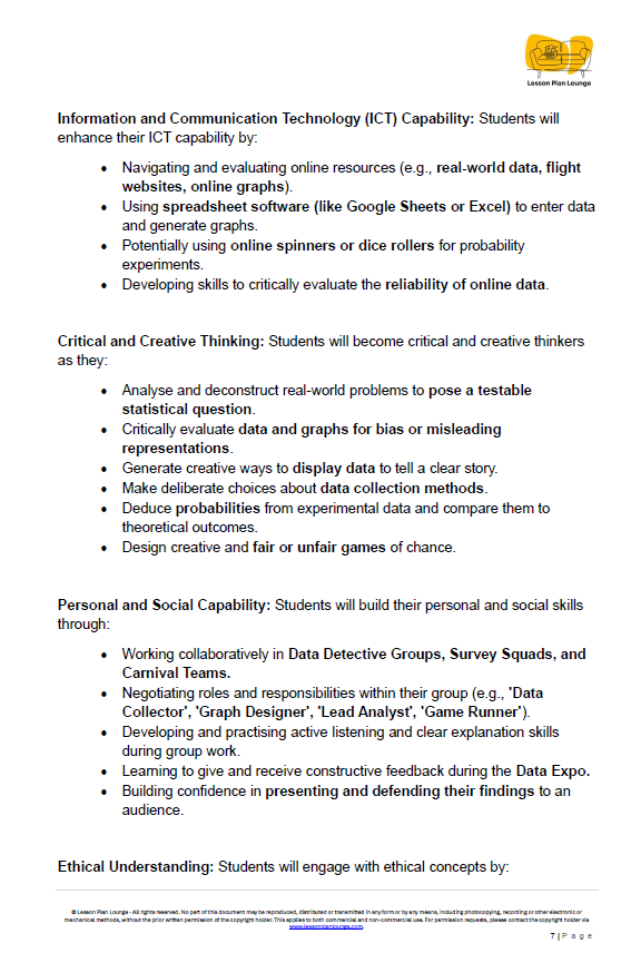 Sheet of paper with text on Information and Communication Technology (ICT) capability, Critical and Creative Thinking, Personal and Social Capability, and Ethical Understanding.