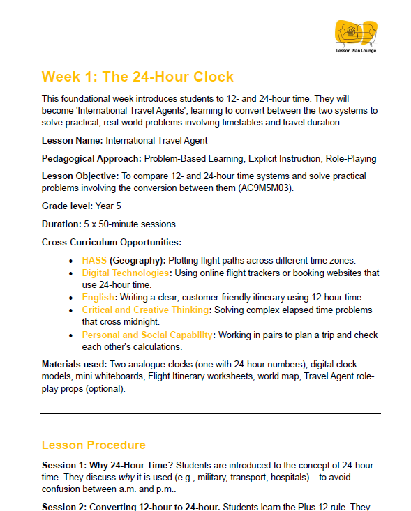 Educational lesson plan for Year 5 students on the 24-hour clock system.