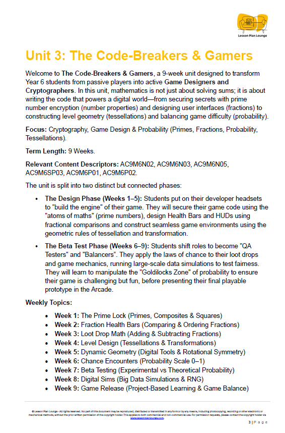 Educational unit plan for Year 6 students titled 'The Code-Breakers & Gamers' with topics and objectives listed.