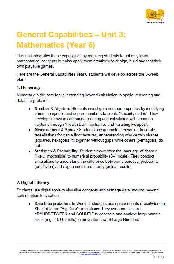 Educational document on General Capabilities - Mathematics for Year 6 students, featuring text and a logo at the top.