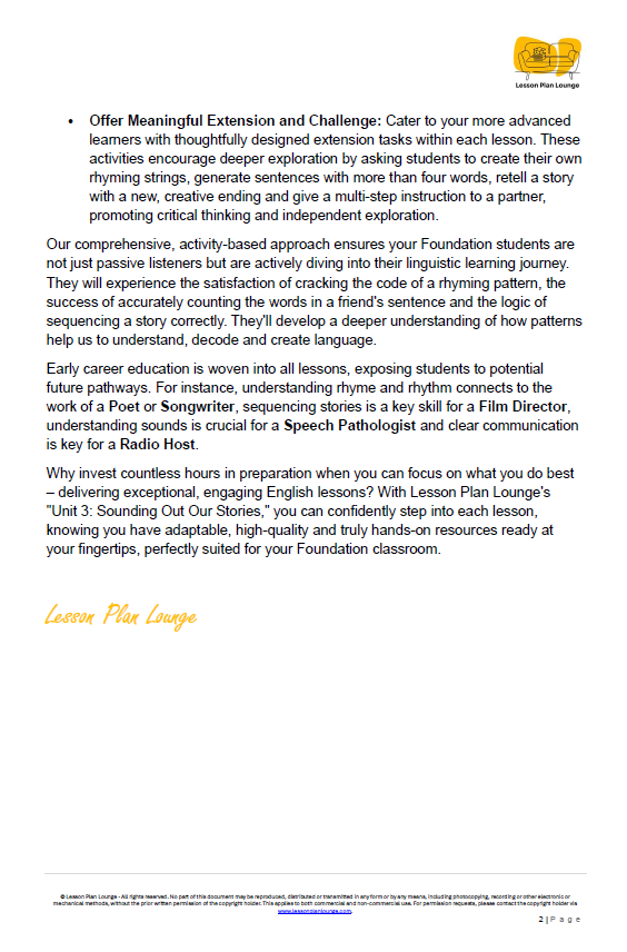 Lesson Plans English - Literature, Literacy, Reading, Writing, Speaking - Foundation Year/ Prep Year/ Kindergarten