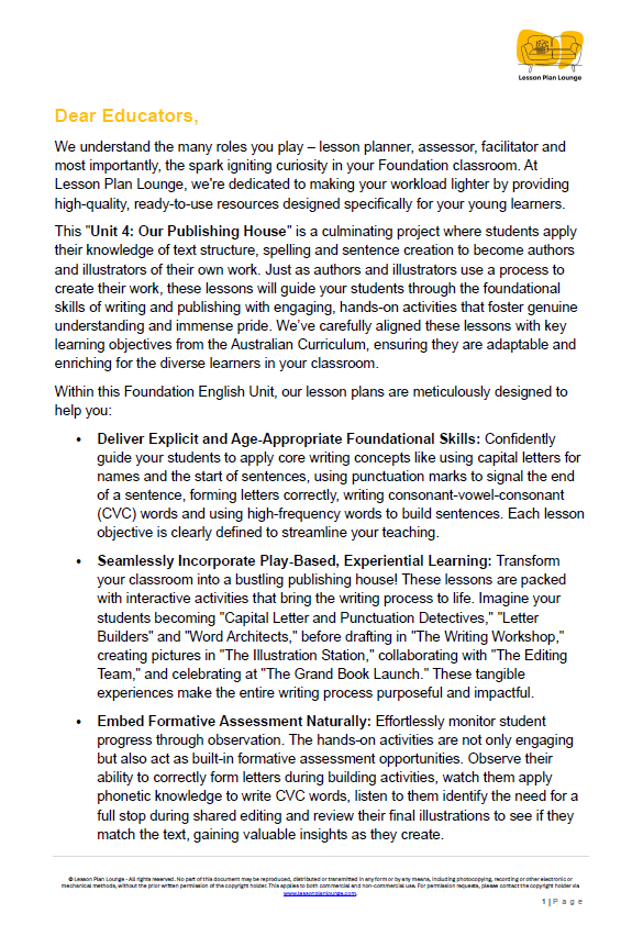 Lesson Plans English - Literature, Literacy, Reading, Writing, Speaking - Foundation Year/ Prep Year/ Kindergarten