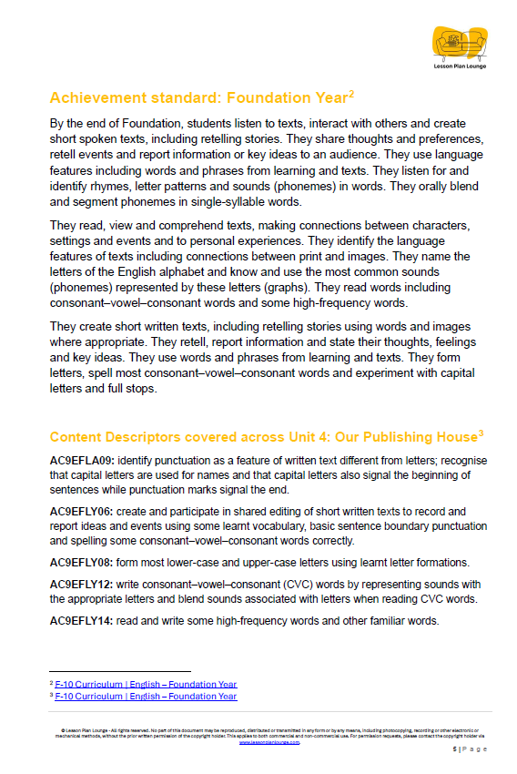 Lesson Plans English - Literature, Literacy, Reading, Writing, Speaking - Foundation Year/ Prep Year/ Kindergarten