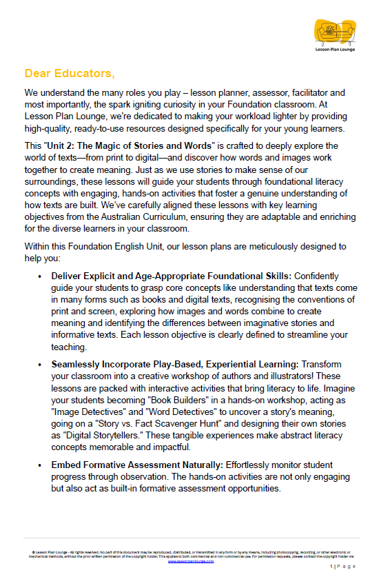 Lesson Plans English - Literature, Literacy, Reading, Writing, Speaking - Foundation Year/ Prep Year/ Kindergarten