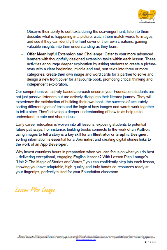 Lesson Plans English - Literature, Literacy, Reading, Writing, Speaking - Foundation Year/ Prep Year/ Kindergarten