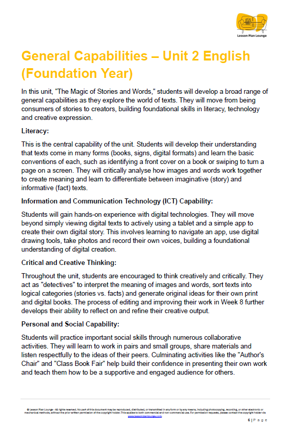 Lesson Plans English - Literature, Literacy, Reading, Writing, Speaking - Foundation Year/ Prep Year/ Kindergarten