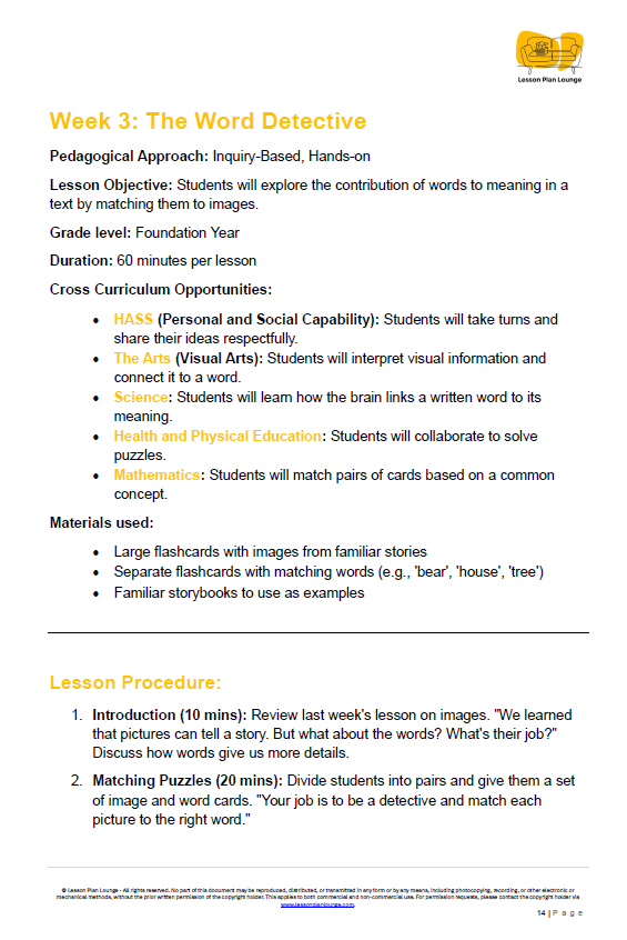 Lesson Plans English - Literature, Literacy, Reading, Writing, Speaking - Foundation Year/ Prep Year/ Kindergarten